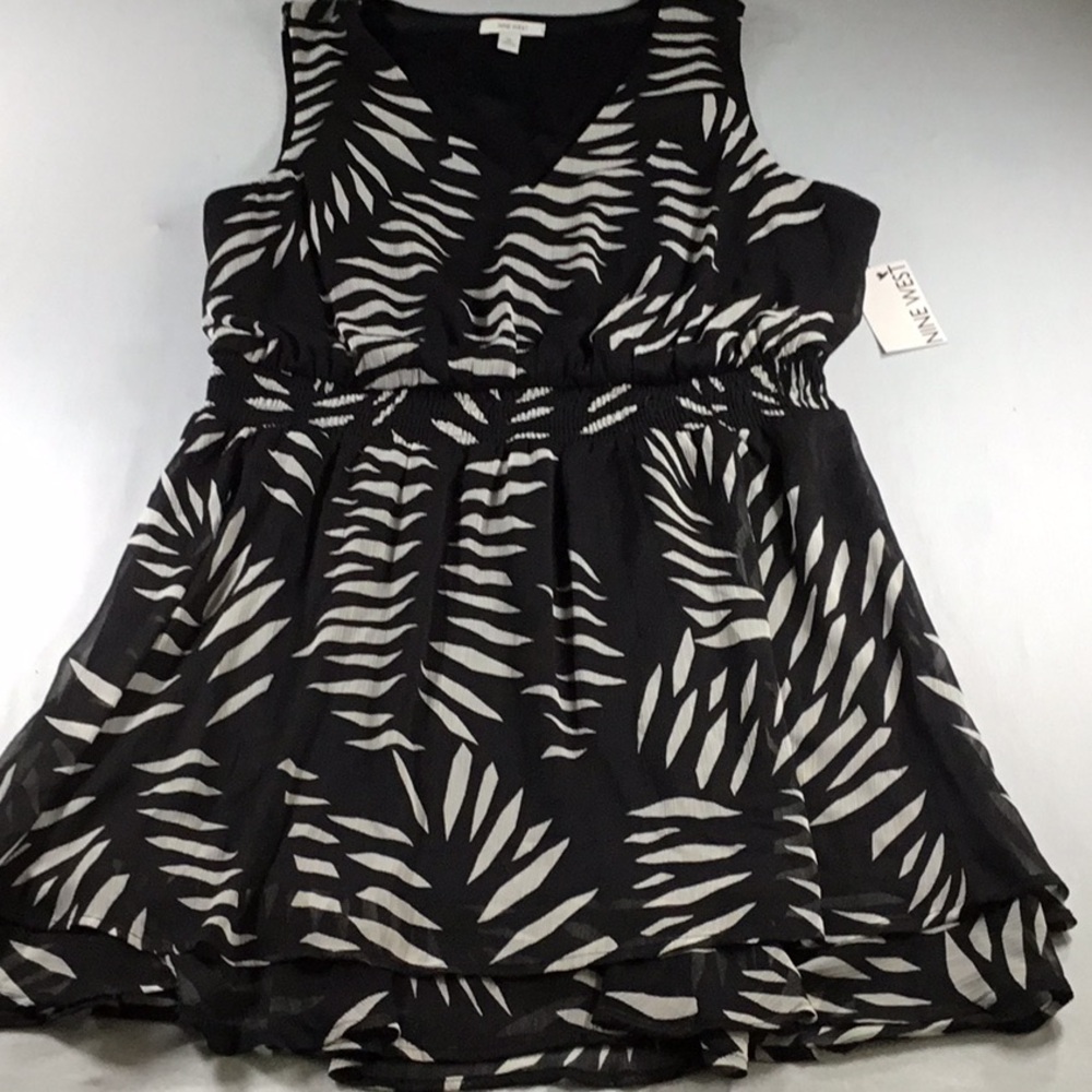 Nine West Cottage Sleeveless Black Gray V-neck Smocked Waist Flirty Dress SizeXL